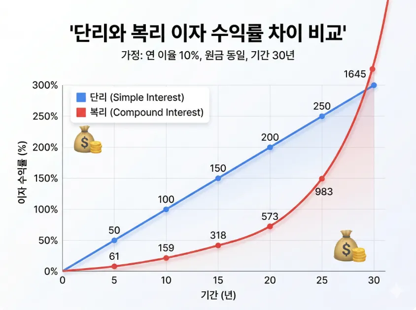 단리와 복리 이자 수익률 차이 비교 그래프