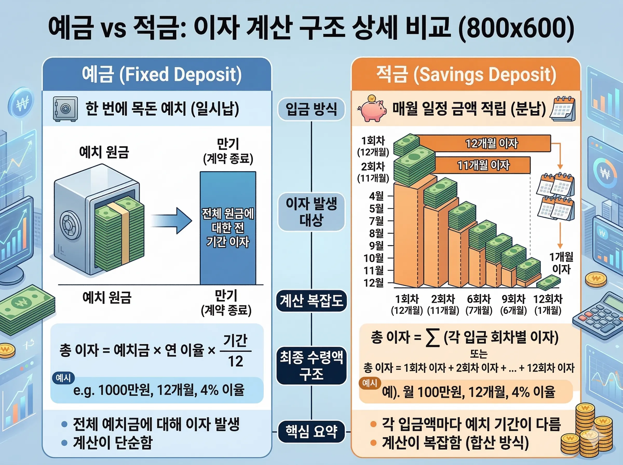 예금 및 적금 이자 계산 구조 상세 비교표