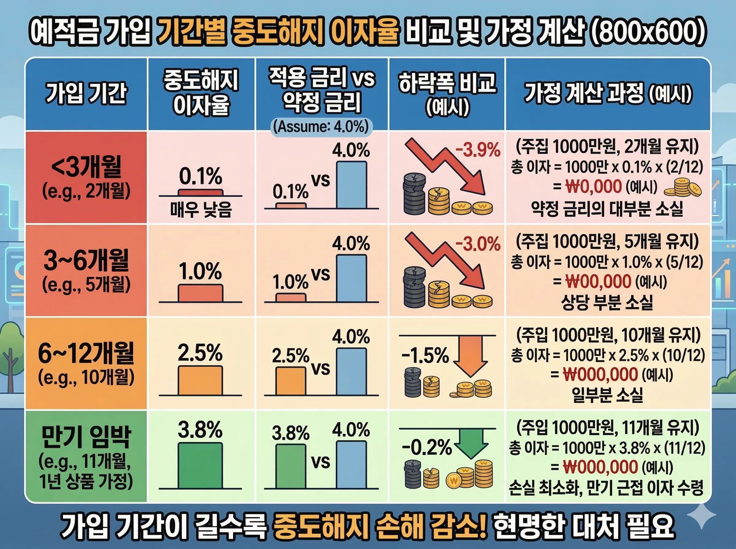 가입 기간별 중도해지 이자율 하락폭 비교 및 가정 계산 과정
