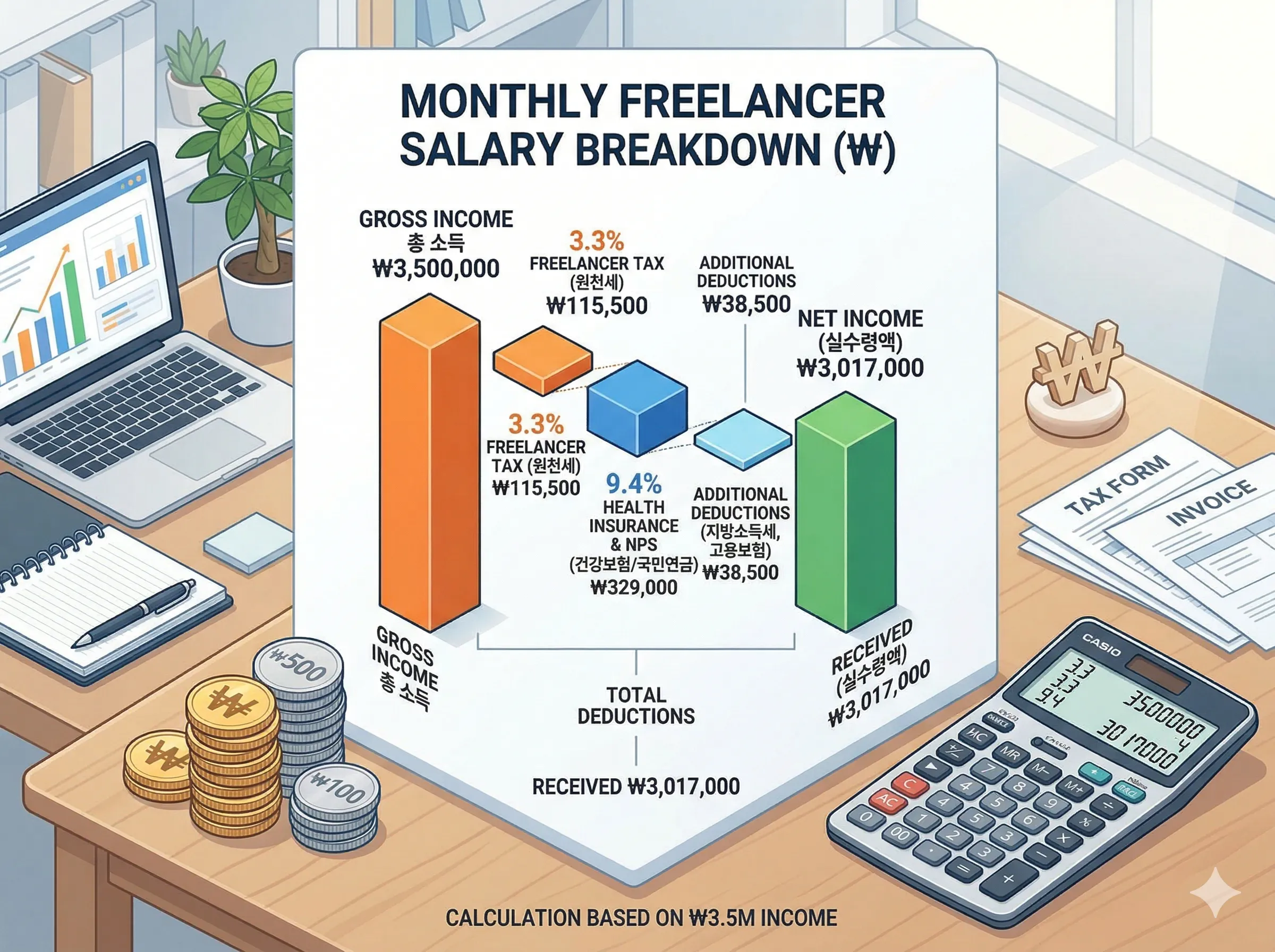 월급 공제 및 실수령액 계산 예시 이미지