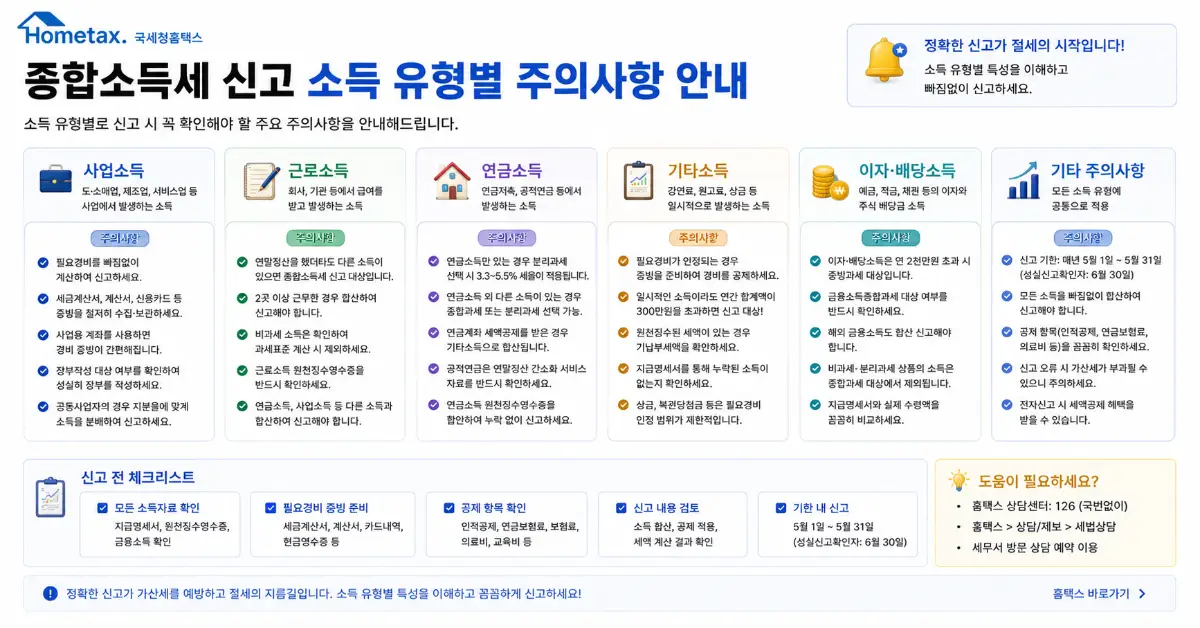 hometax-income-type-caution 홈택스 종합소득세 신고 소득 유형별 주의사항