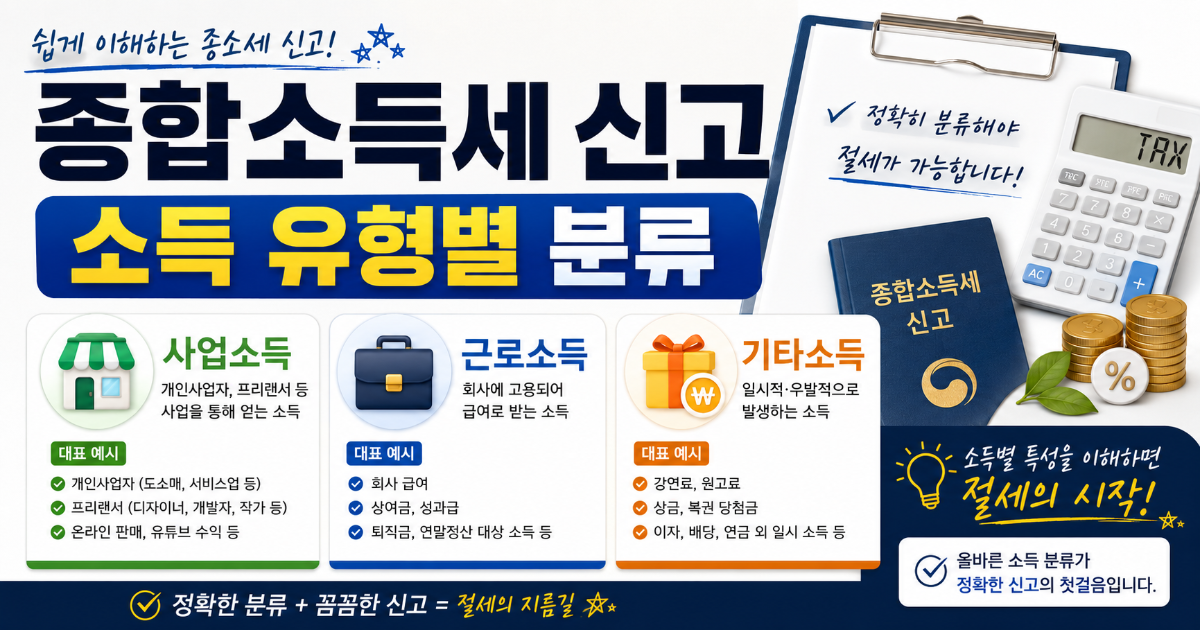 income-tax-filing-income-types 종합소득세 신고 소득 유형별 분류 사업소득 근로소득 기타소득