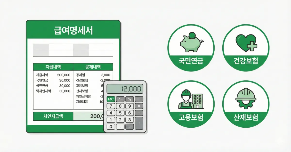 4대보험 계산기와 월급 명세서 일러스트