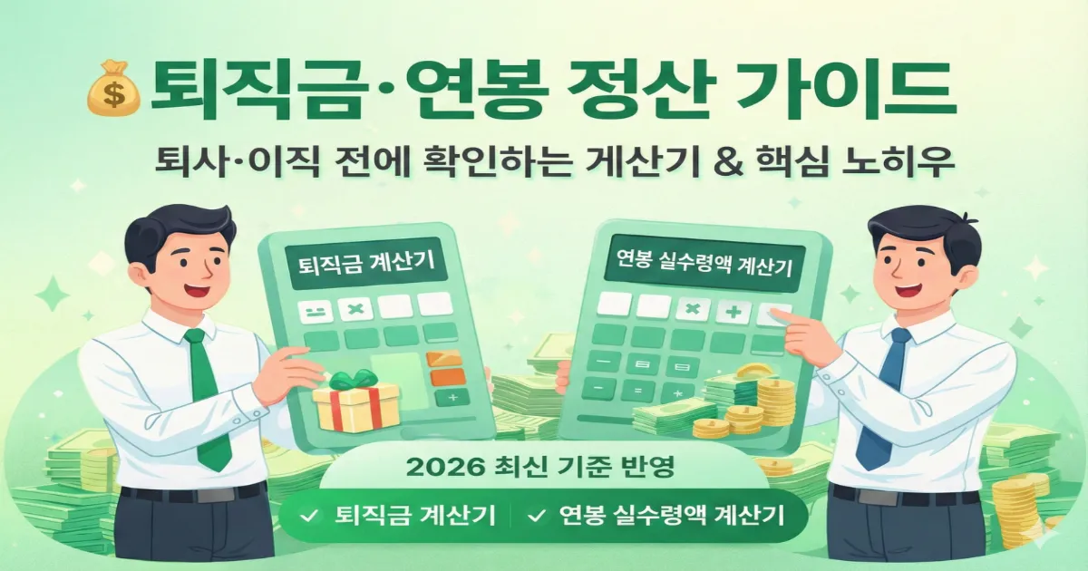 2026년 기준 퇴직금 연봉 정산 가이드 이미지로 퇴직금 계산기와 연봉 실수령액 계산기를 함께 안내하는 썸네일