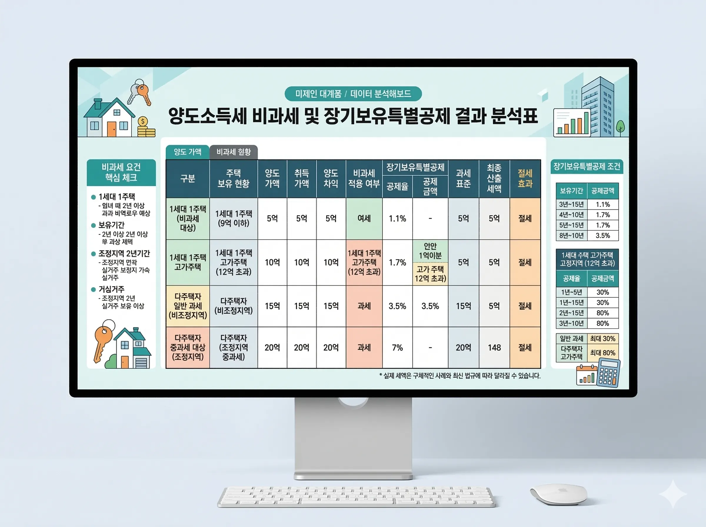 양도소득세 비과세 및 장기보유특별공제 결과 분석표