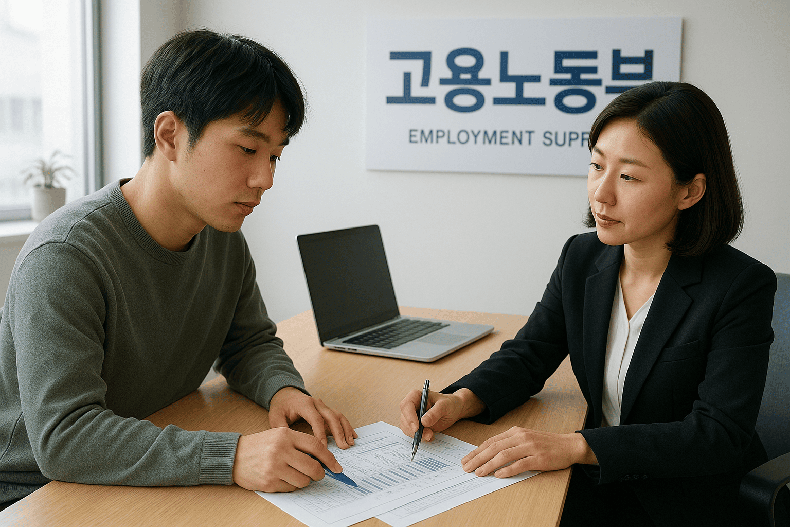 실업급여 수급 중 단기 근무 신고 기준을 상담하는 장면